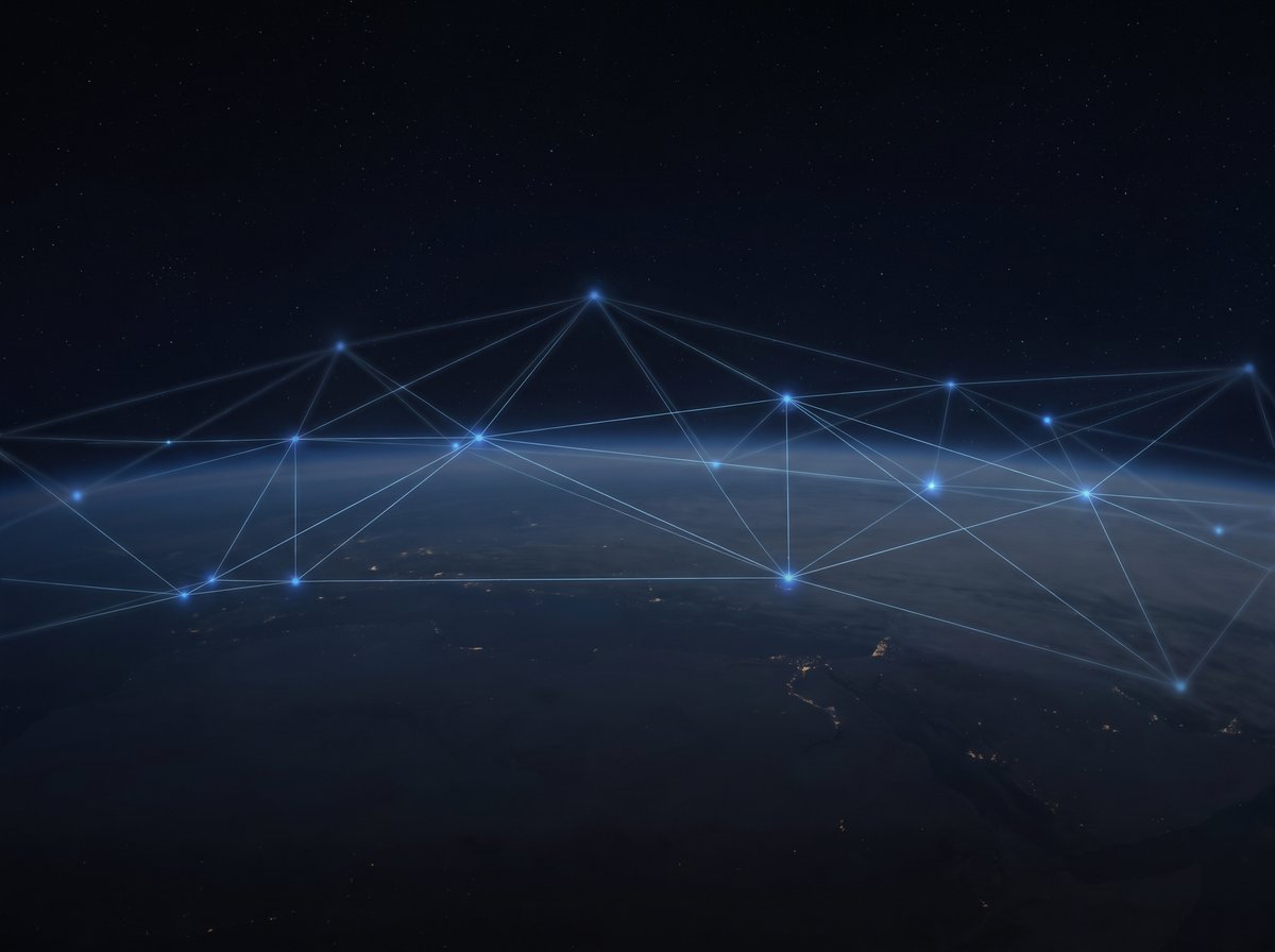 A glowing web of connected nodes above the curvature of the Earth at night, representing a trusted global partner network